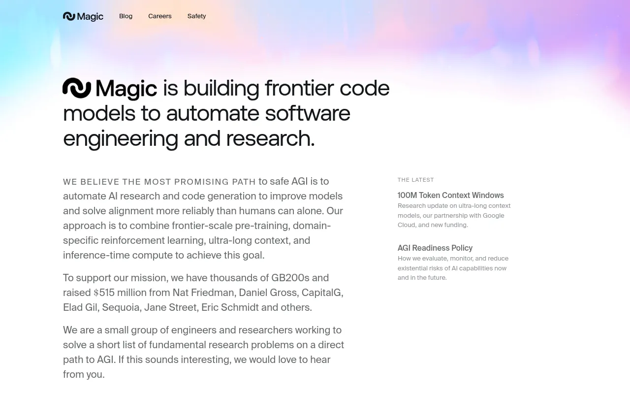 Screenshot of Magic (magic.dev) — Building an AI software engineer