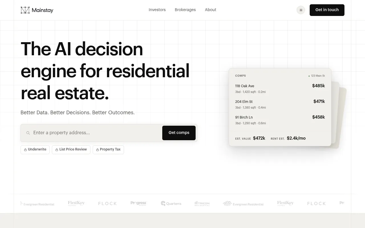 Screenshot of Mainstay (mainstay.io) — Market intelligence platform for real estate