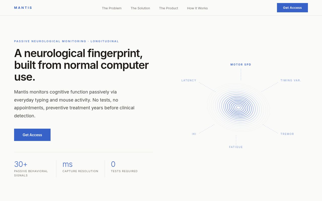 Screenshot of Mantis Biotech (mantisbiotech.com) — Infrastructure for human-in-computer models