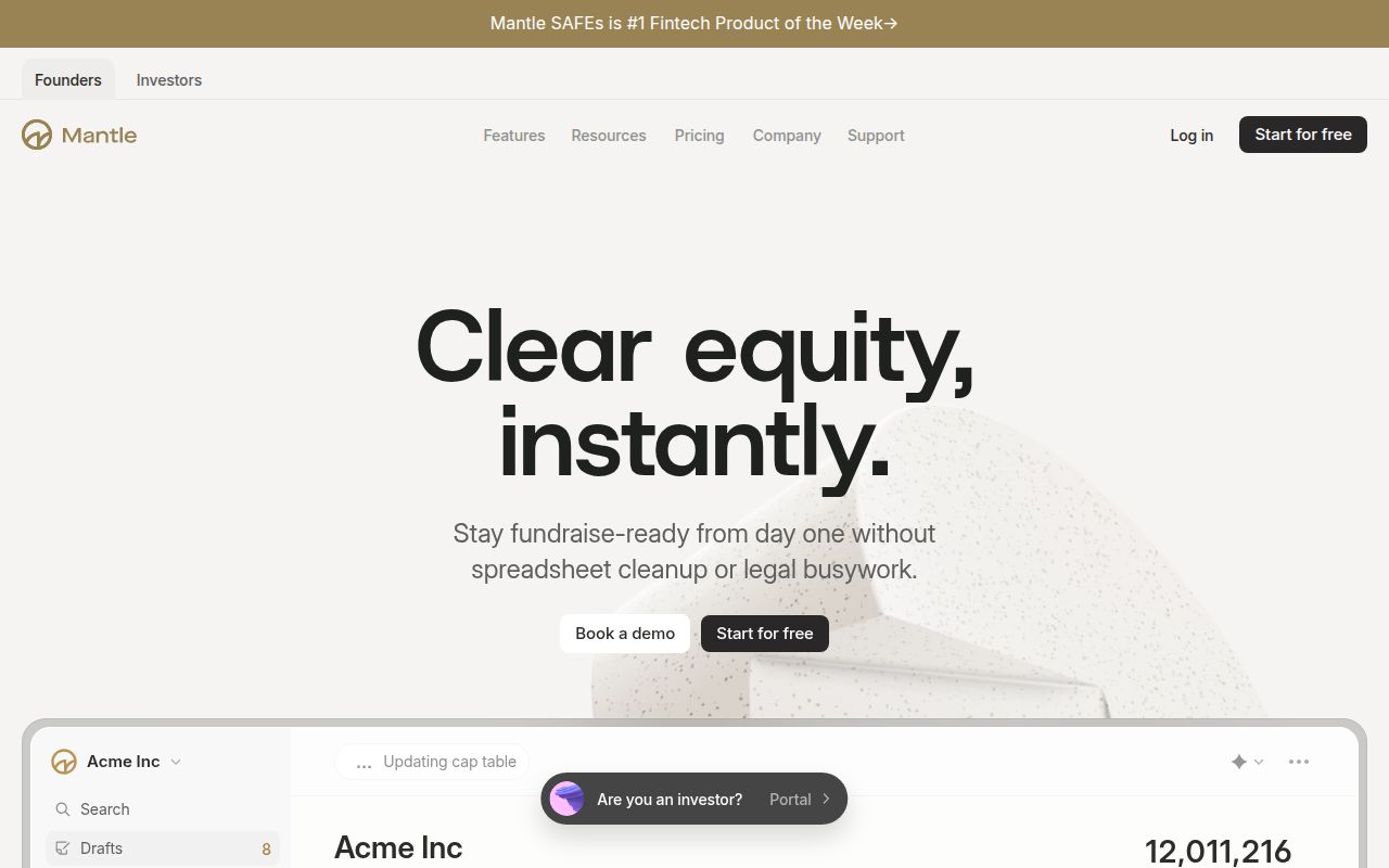 Screenshot of Mantle (withmantle.com) — Intelligent equity management