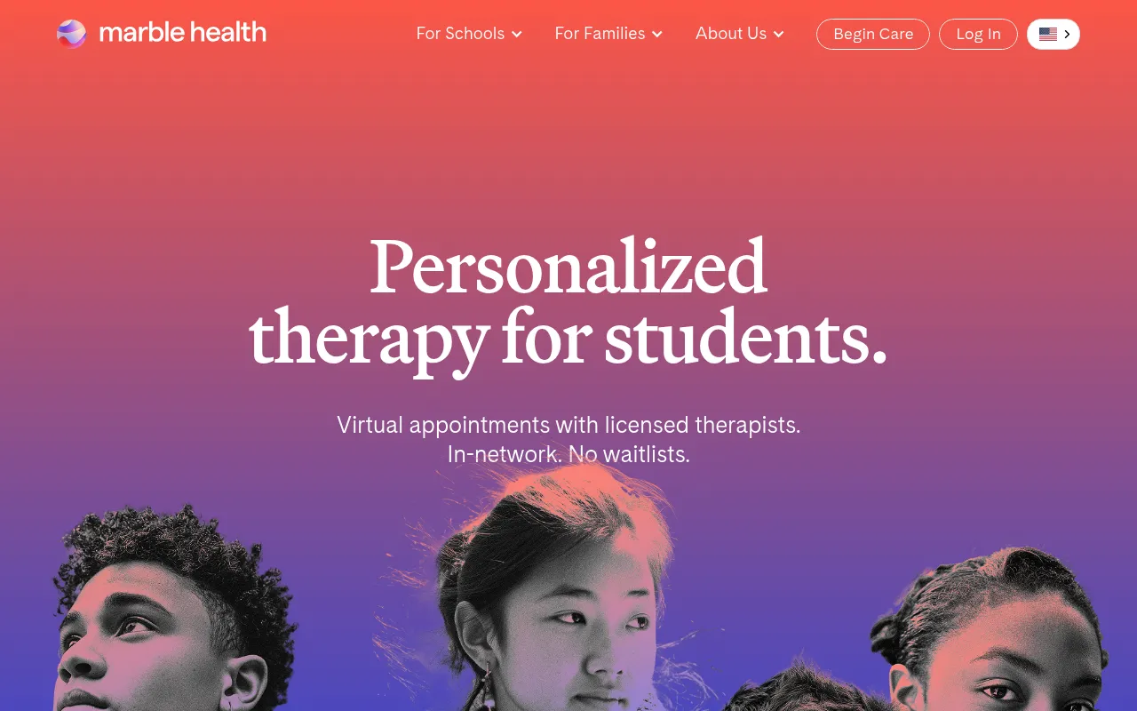 Screenshot of Marble Health (marblehealth.com) — Personalized therapy for teens