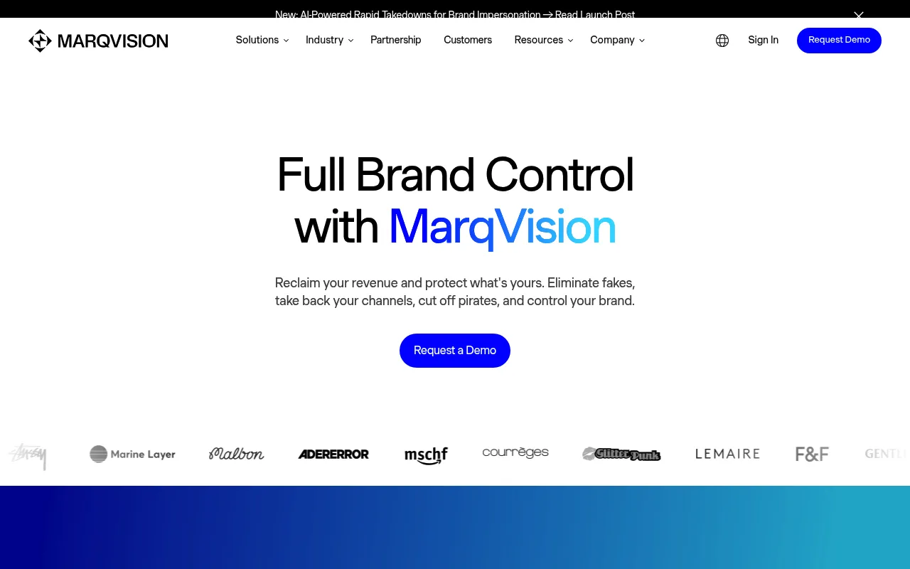 Screenshot of MarqVision (marqvision.com) — A new era of brand protection