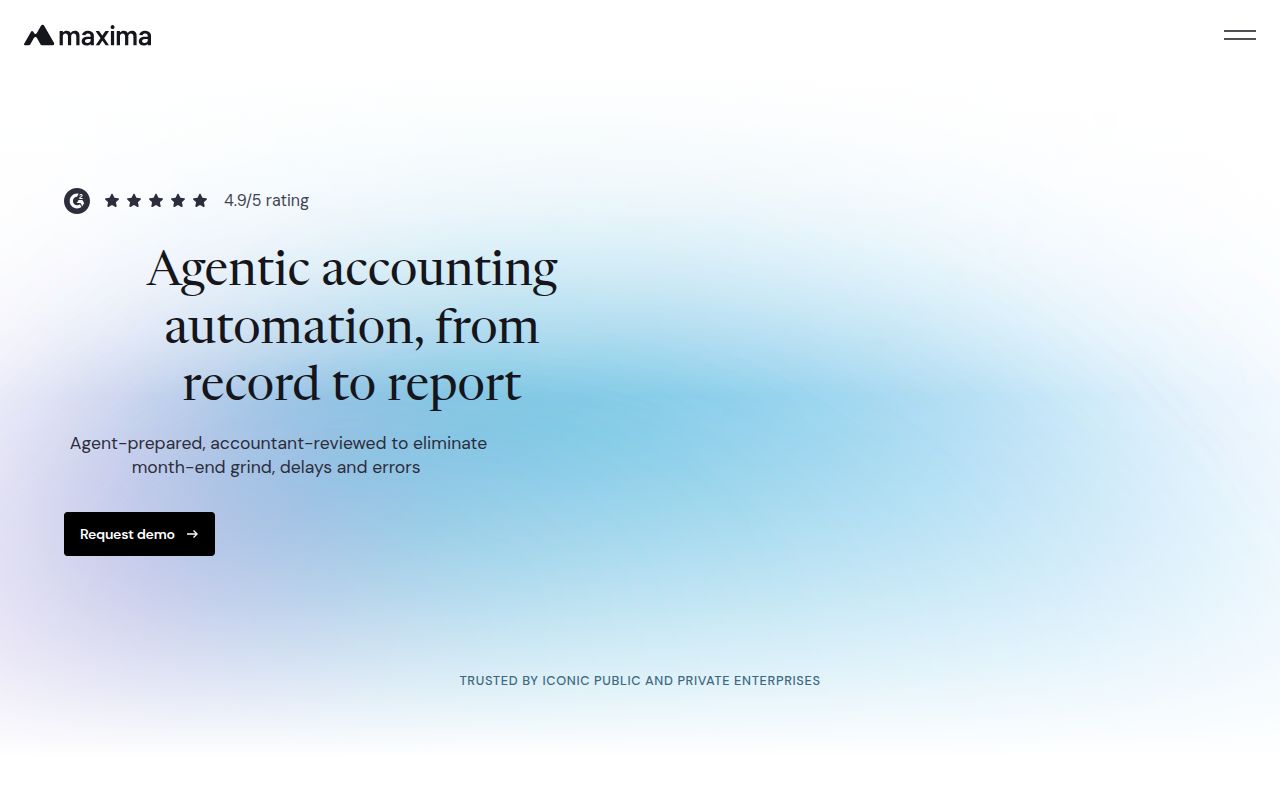 Screenshot of Maxima (maxima.ai) — Agentic AI for enterprise accounting