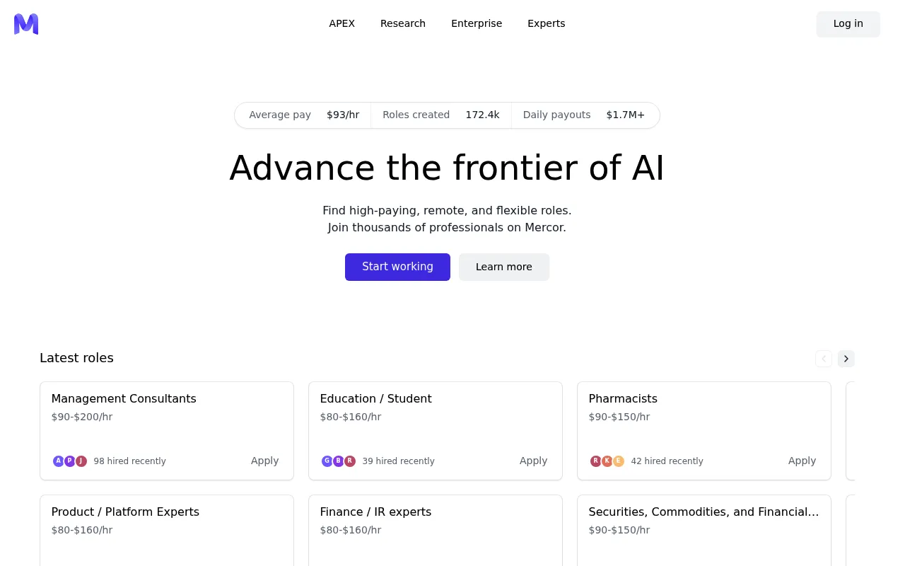 Screenshot of Mercor (mercor.com) — Onboard your global team in seconds