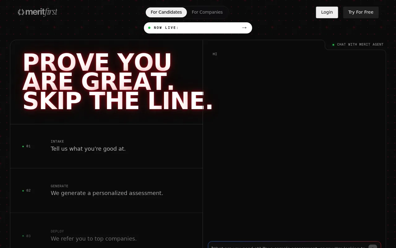 Screenshot of MeritFirst (meritfirst.us) — Rebuilding America's meritocratic infrastructure