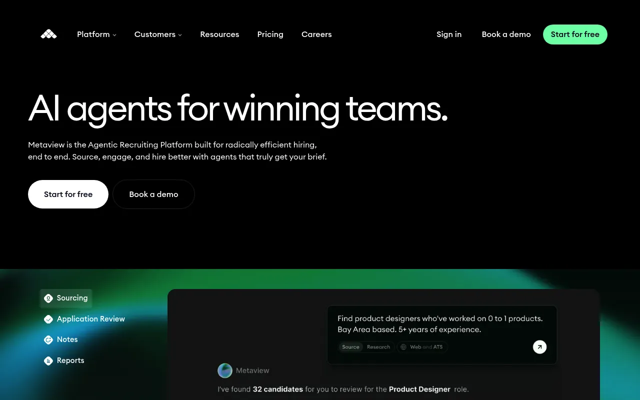 Screenshot of Metaview (metaview.ai) — AI built for recruiting