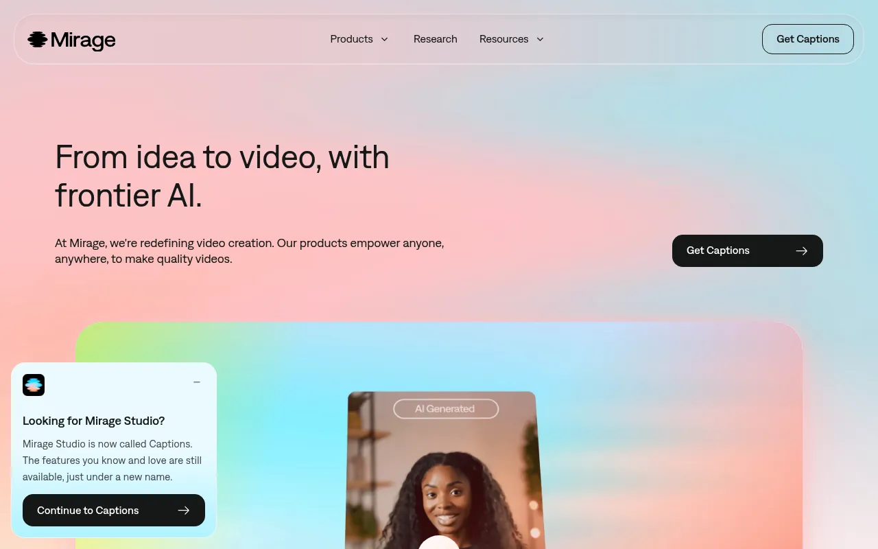 Screenshot of Mirage (mirage.app) — Short-form videos powered by AI