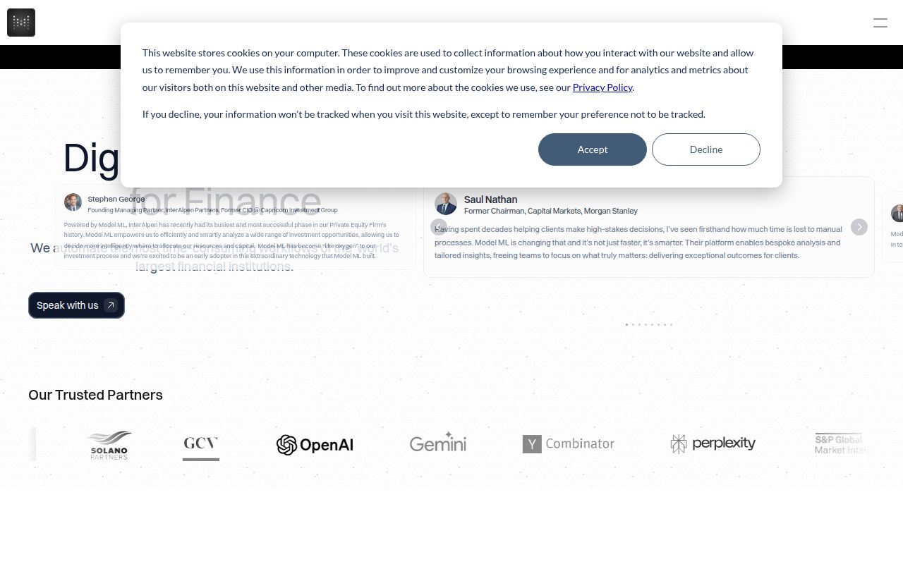 Screenshot of Model ML (modelml.com) — Building digital teammates for finance