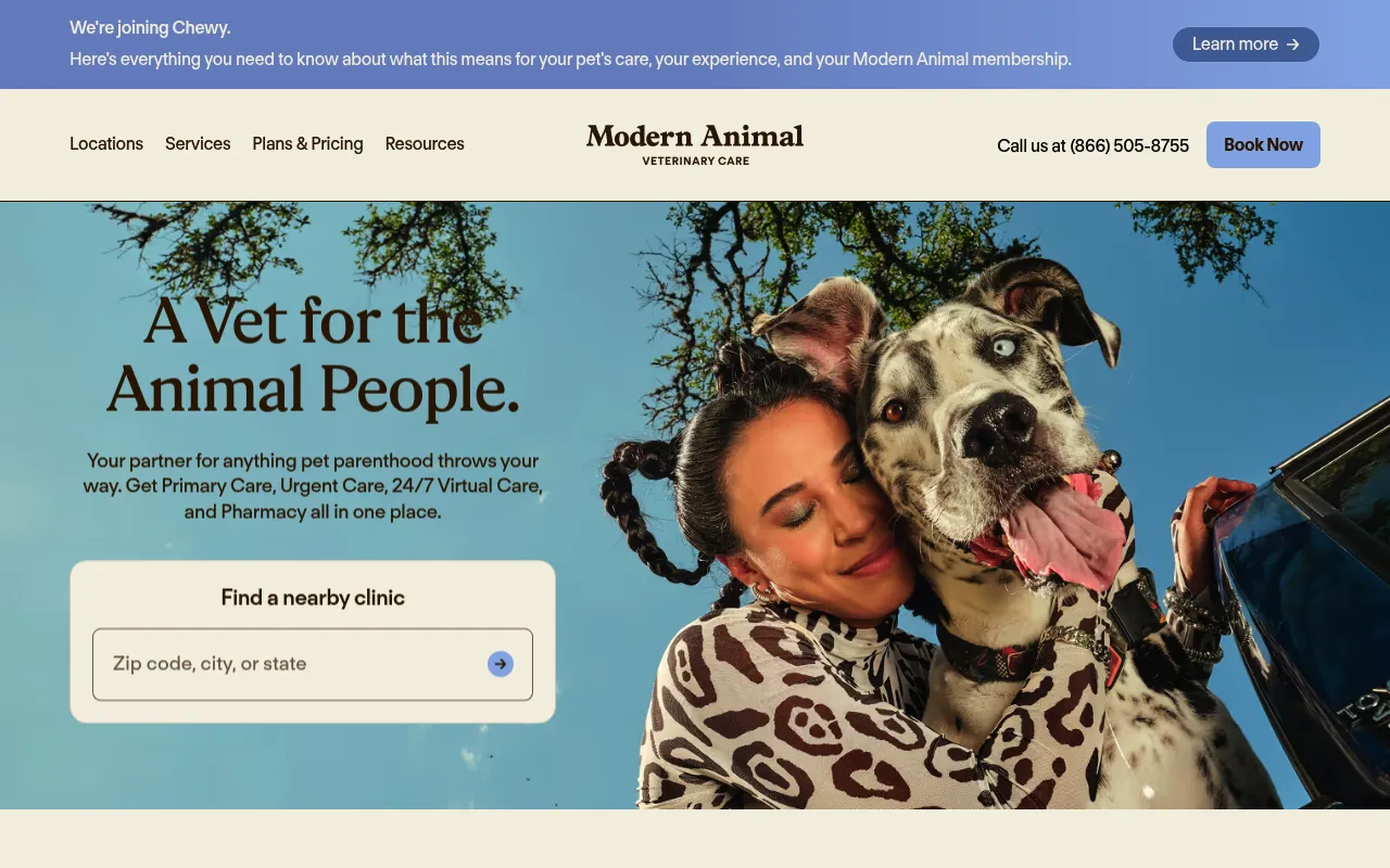 Screenshot of Modern Animal (modernanimal.com) — A vet for the people