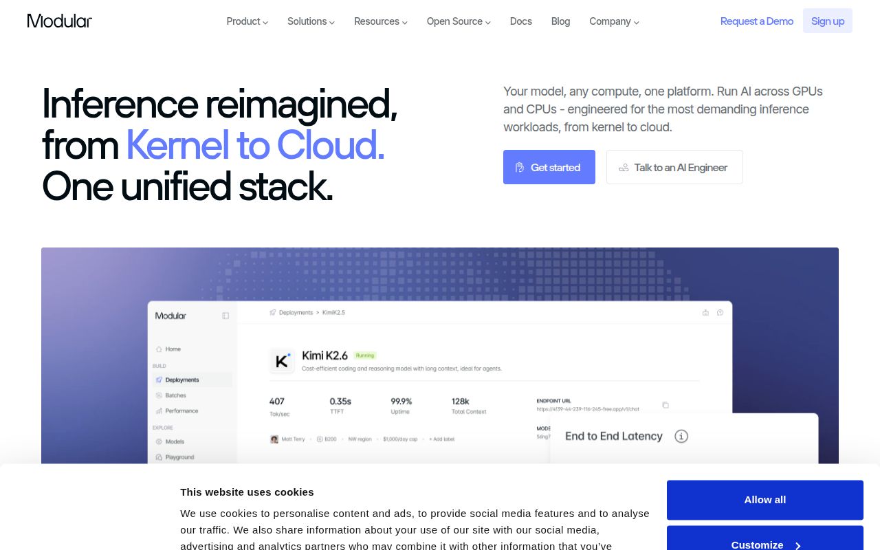 Screenshot of Modular (modular.com) — VMware for the AI era