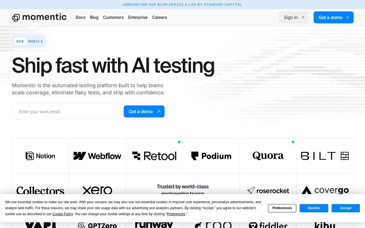 Screenshot of Momentic (momentic.ai) — Ship fast with AI testing