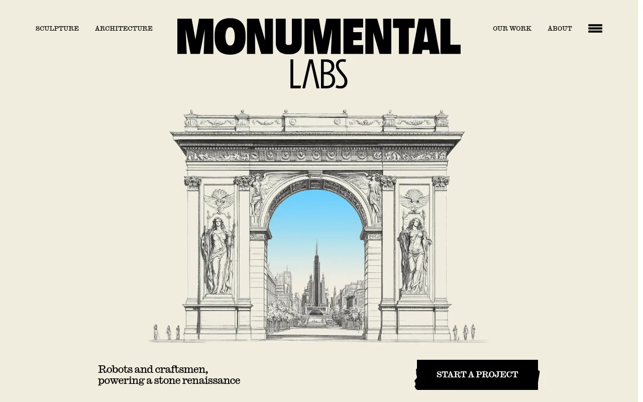 Screenshot of Monumental Labs (monumentallabs.co) — Building robotic sculpting factories