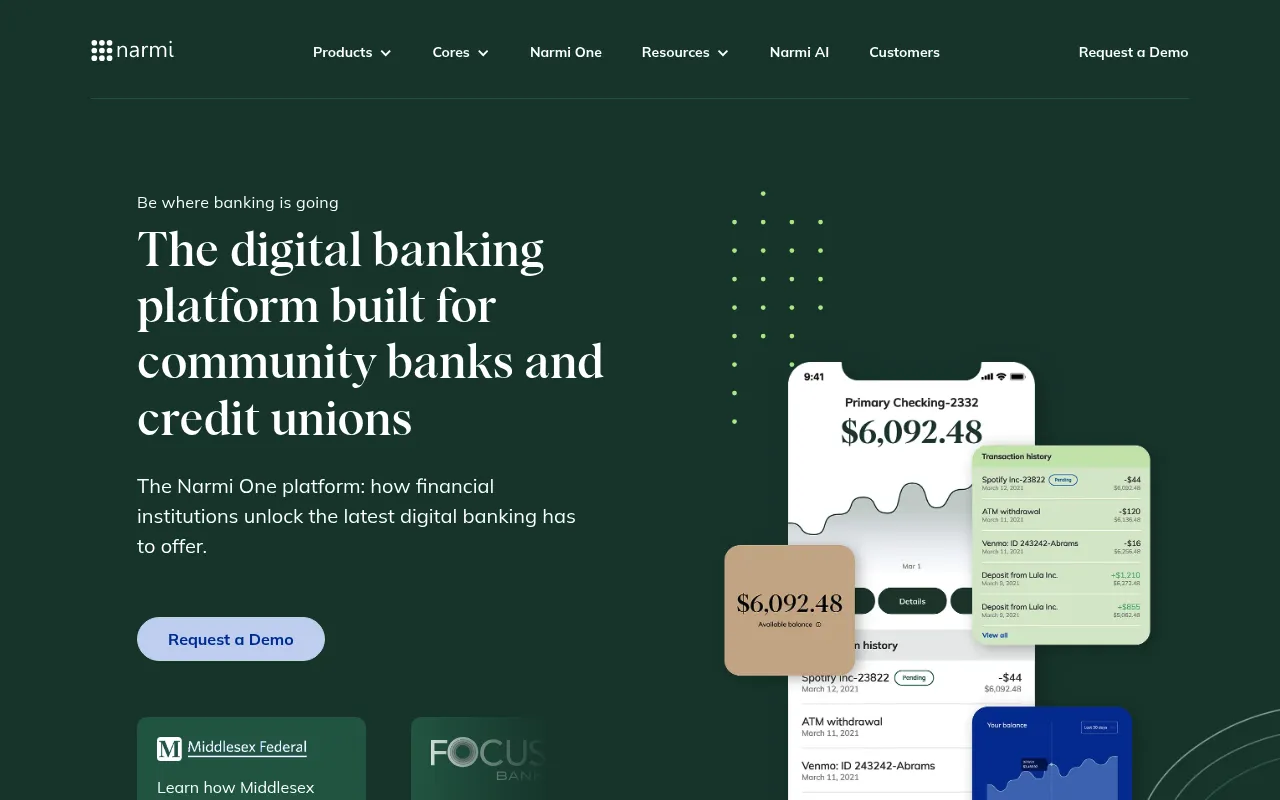 Screenshot of Narmi (narmi.com) — Digitalizing credit unions and regional banking