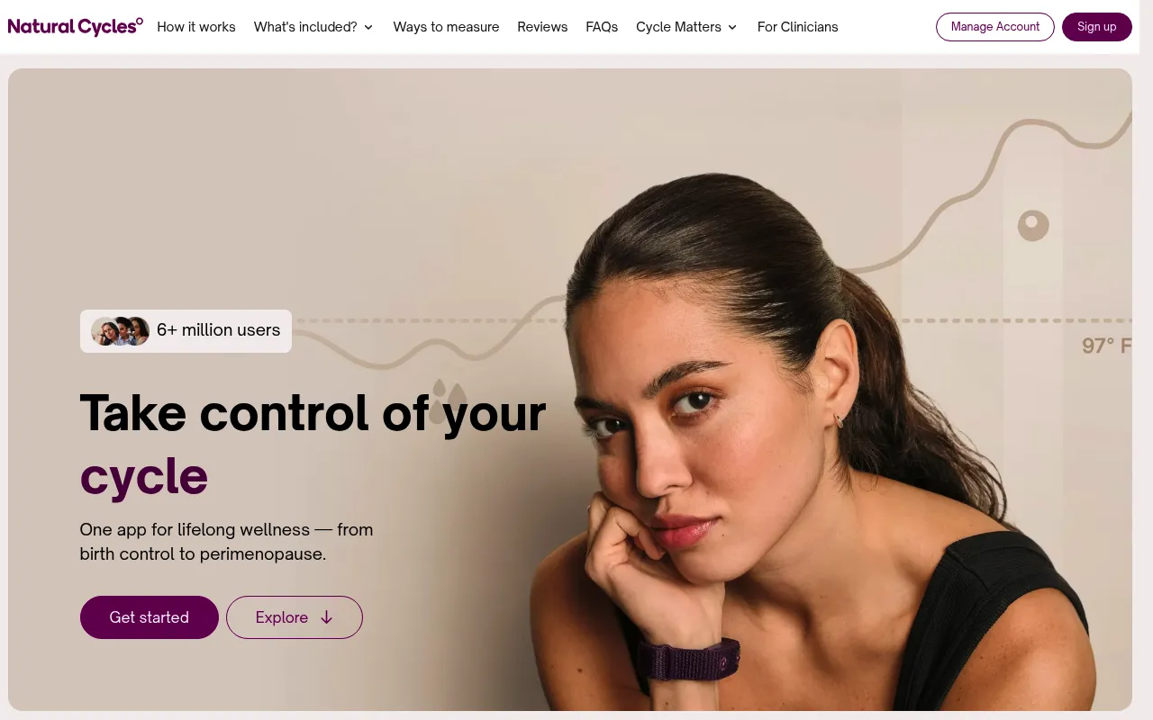 Screenshot of Natural Cycles (naturalcycles.com) — Non-hormonal, non-invasive birth control