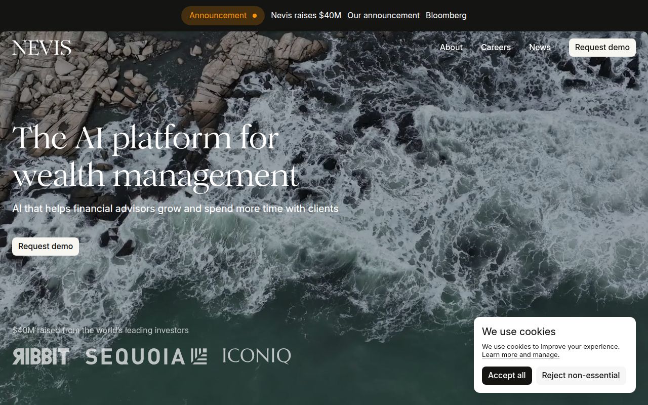 Screenshot of Nevis (neviswealth.com) — AI platform for wealth management