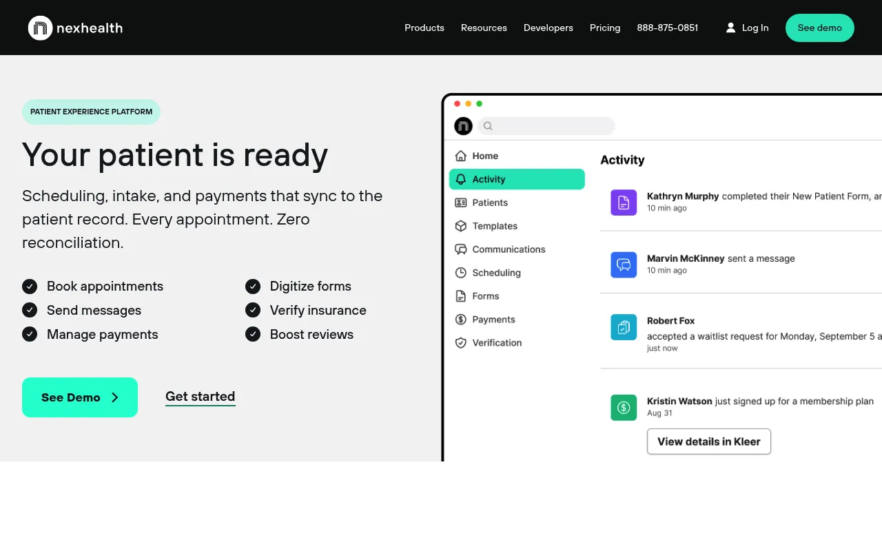 Screenshot of NexHealth (nexhealth.com) — Real-time patient booking platform