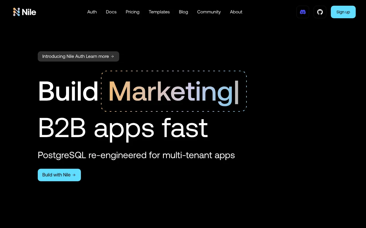 Screenshot of Nile (thenile.dev) — PostgreSQL reengineered for multi-tenant apps