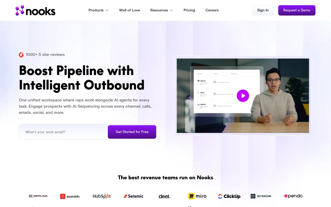 Screenshot of Nooks (nooks.ai) — AI sales assistant platform