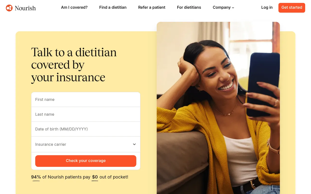 Screenshot of Nourish (usenourish.com) — Connecting people with registered dietitians