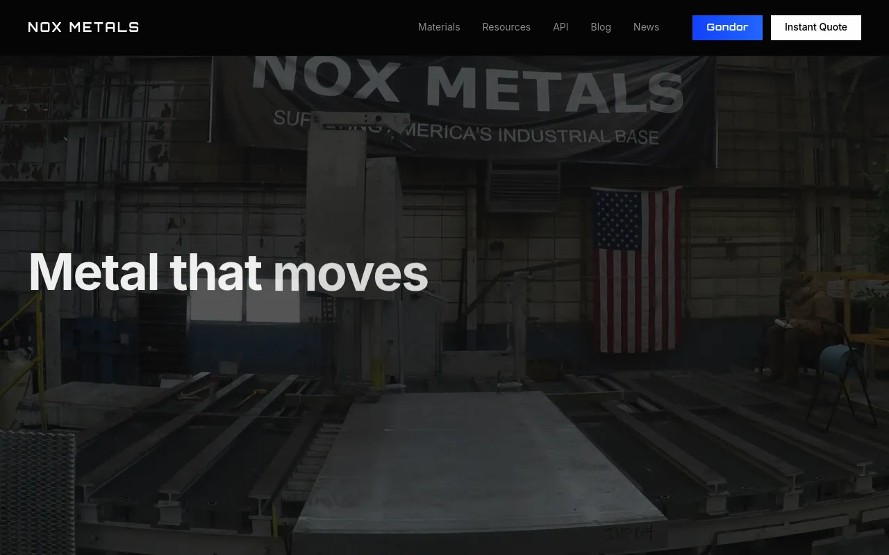 Screenshot of Nox Metals (noxmetals.co) — The modern factory for fast, low-cost metals