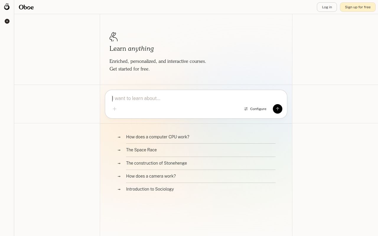 Screenshot of Oboe (oboe.fyi) — Create magical courses, just for you