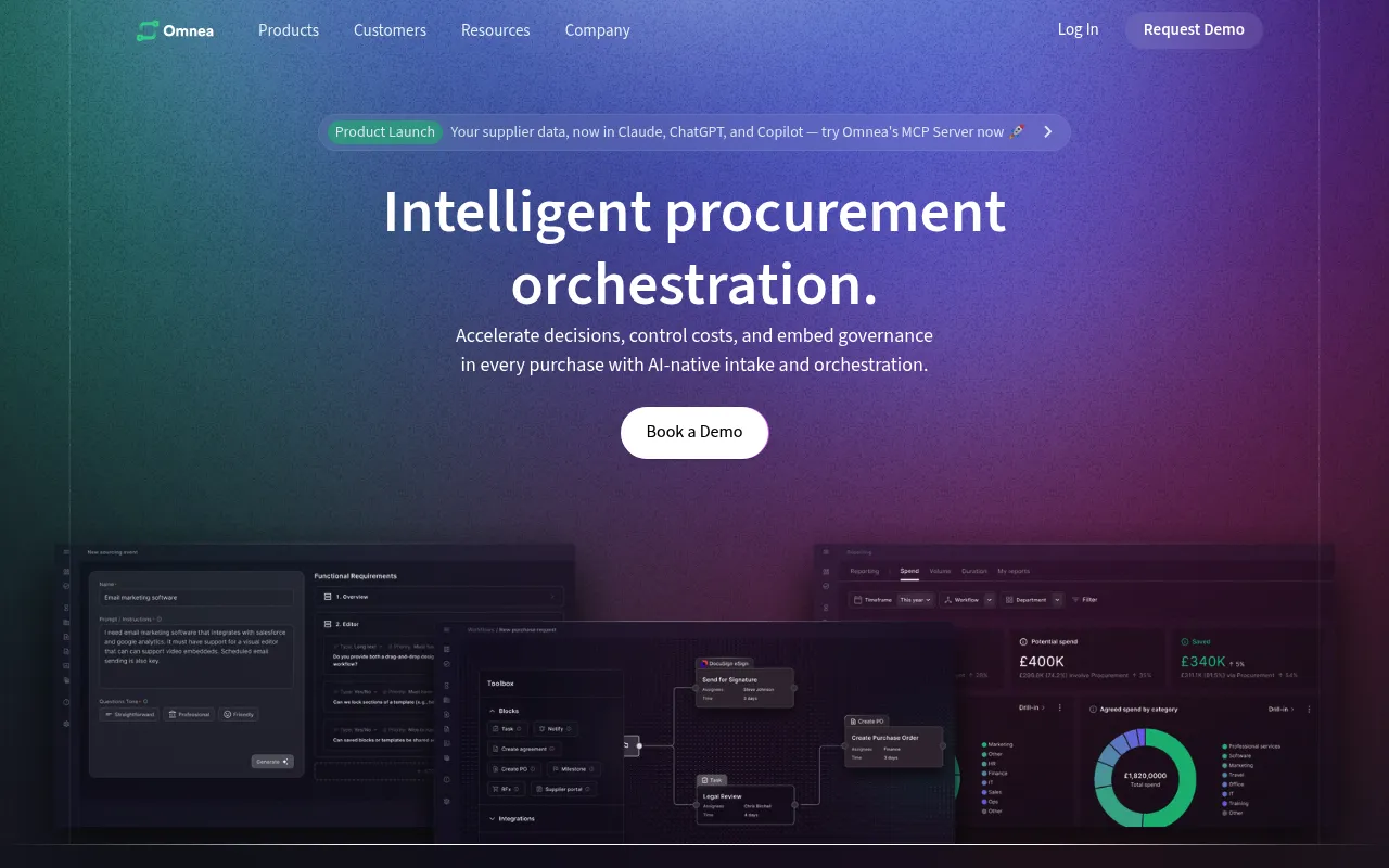 Screenshot of Omnea (omnea.co) — Intelligent procurement intake and orchestration