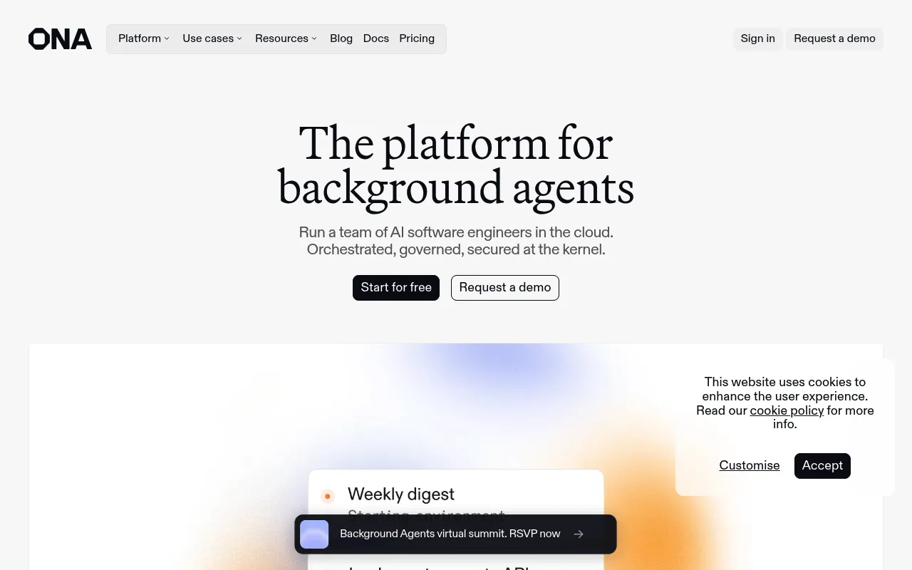 Screenshot of Ona (ona.com) — Autonomous SWE agents