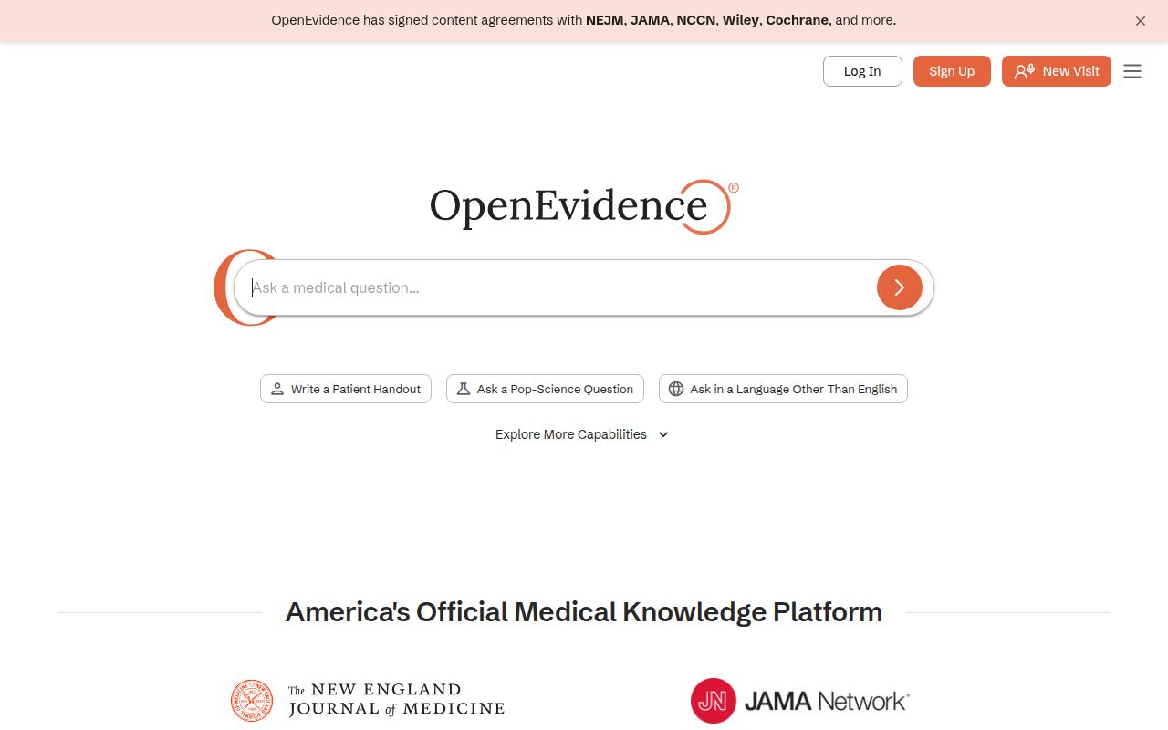 Screenshot of OpenEvidence (openevidence.com) — The leading medical information platform