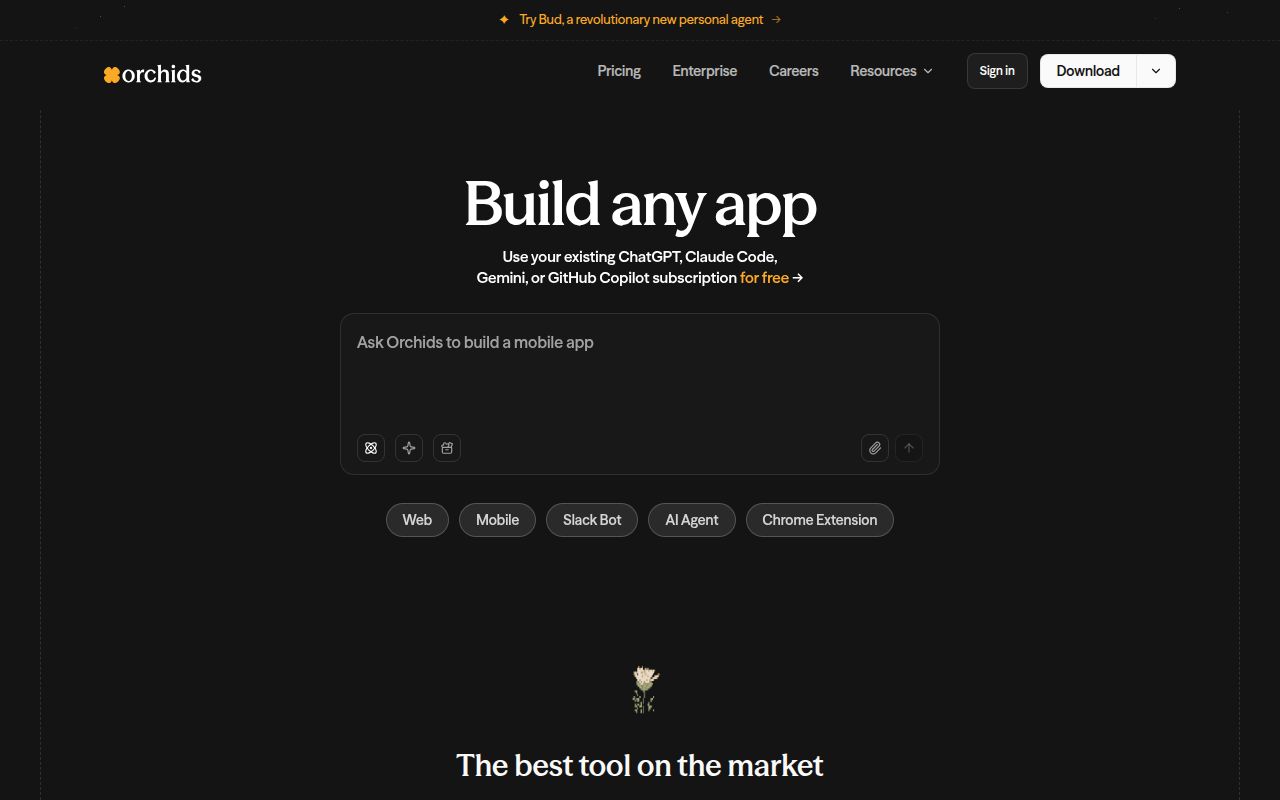 Screenshot of Orchids (orchids.app) — Prompt a beautiful website in seconds