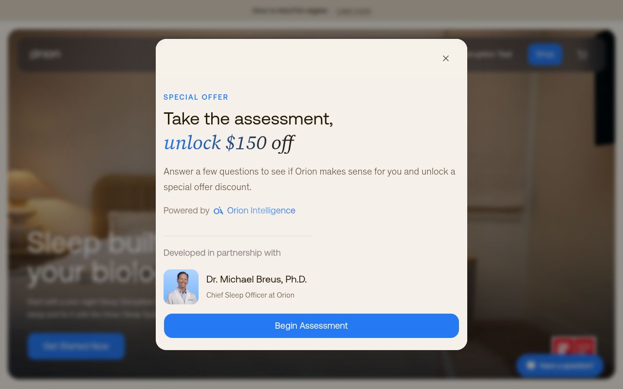 Screenshot of Orion (orionsleep.com) — AI-enabled mattress cover