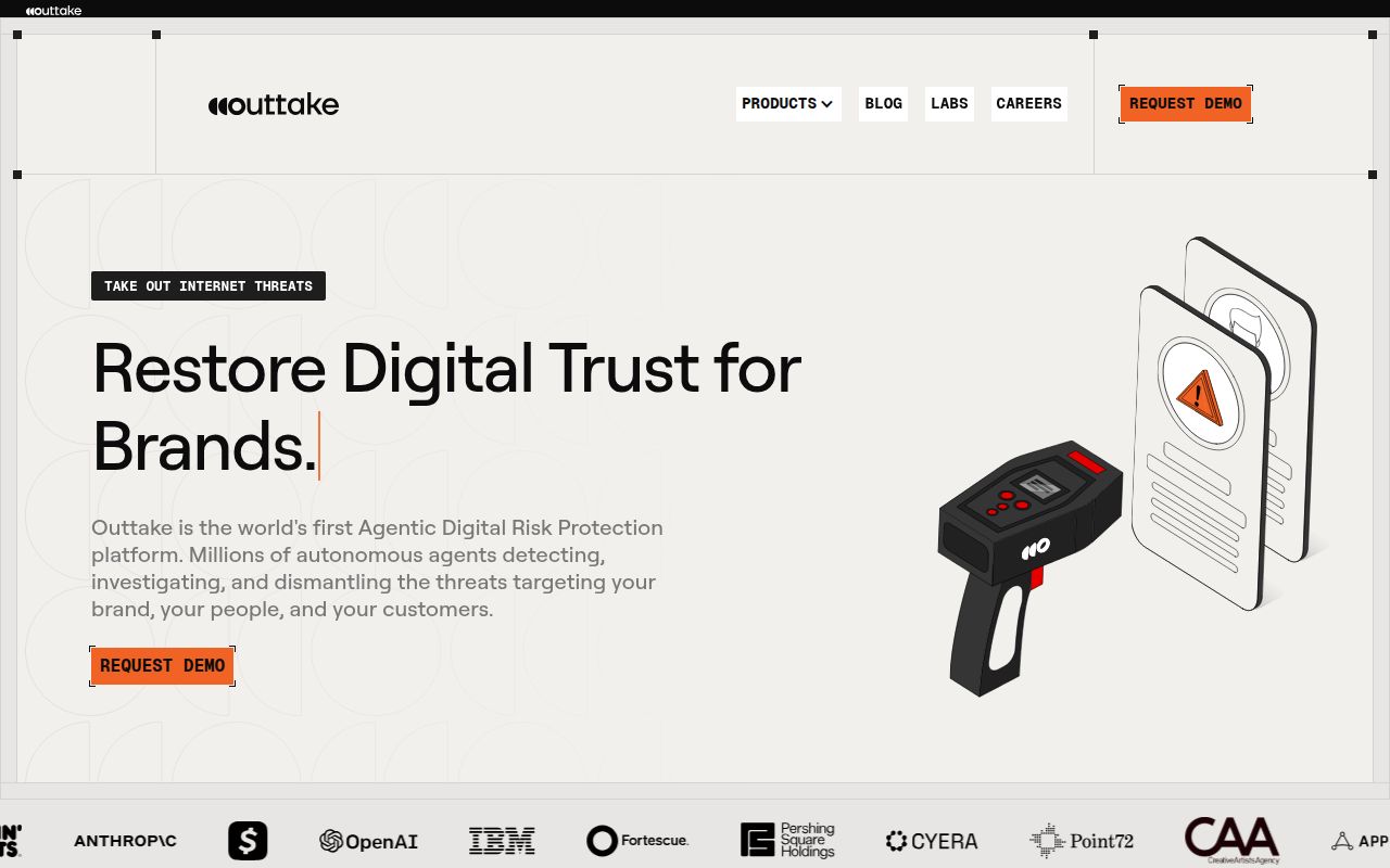 Screenshot of Outtake (outtake.ai) — Cyber agents for any digital threat