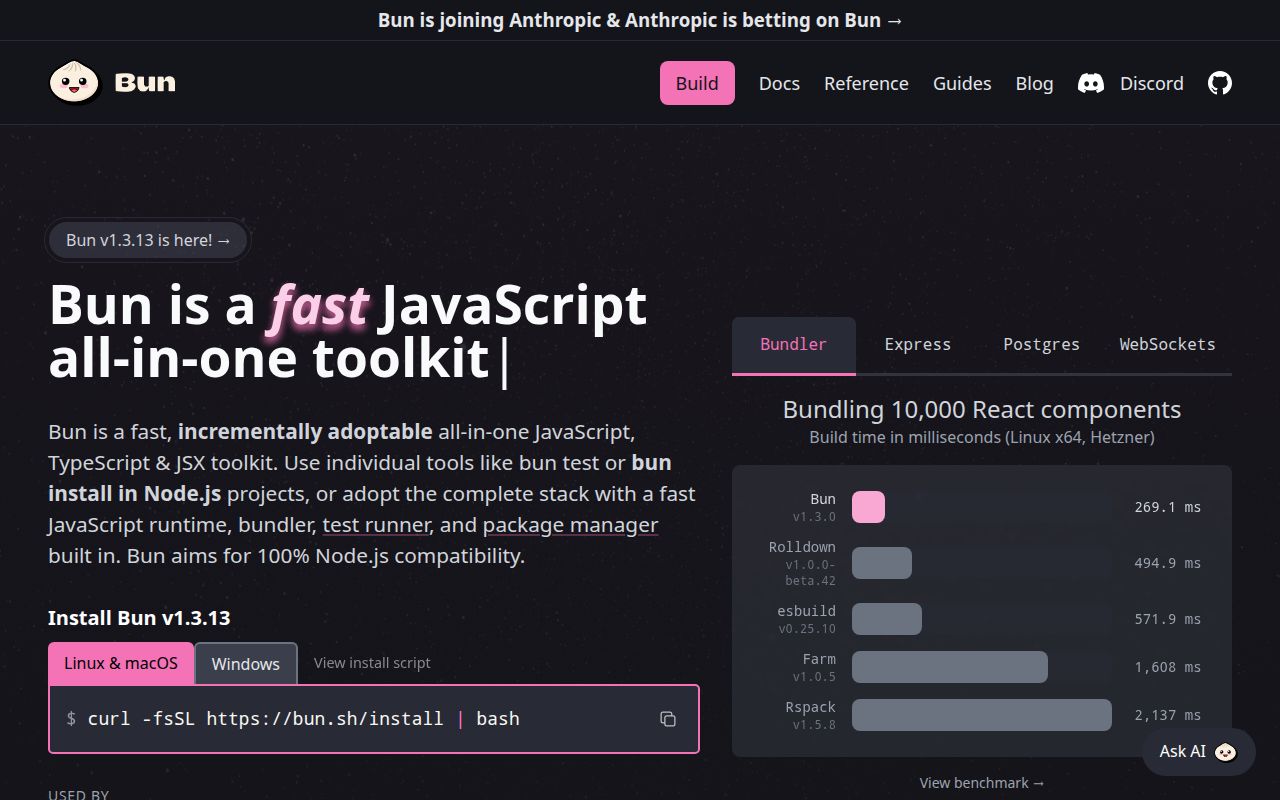 Screenshot of Bun (bun.sh) — Bun
