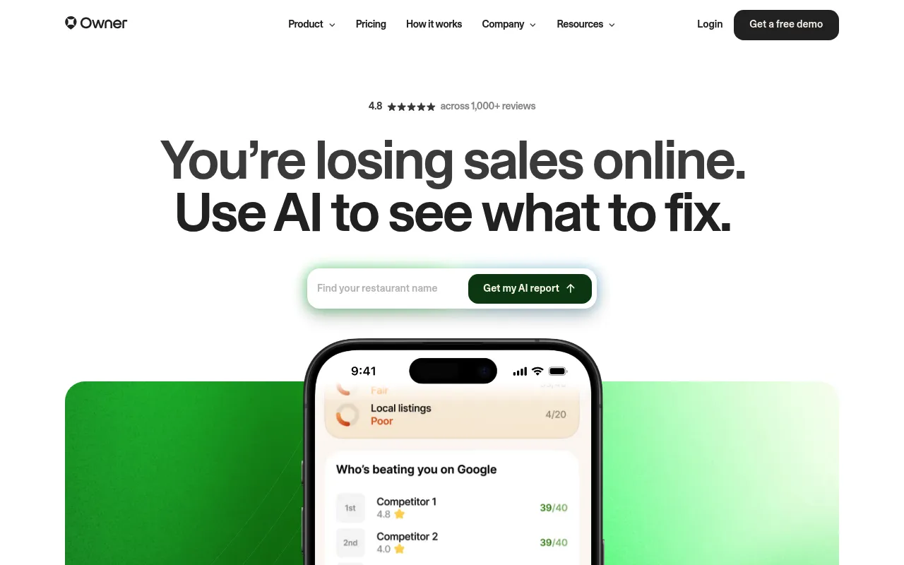 Screenshot of Owner (owner.com) — Online ordering and restaurant marketing system