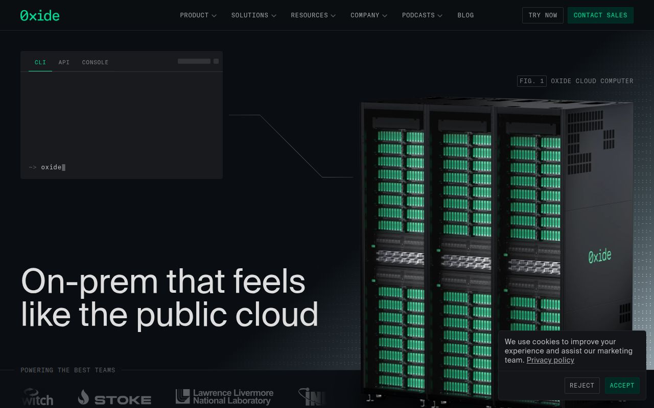 Screenshot of Oxide Computer Company (oxide.computer) — On prem cloud computer