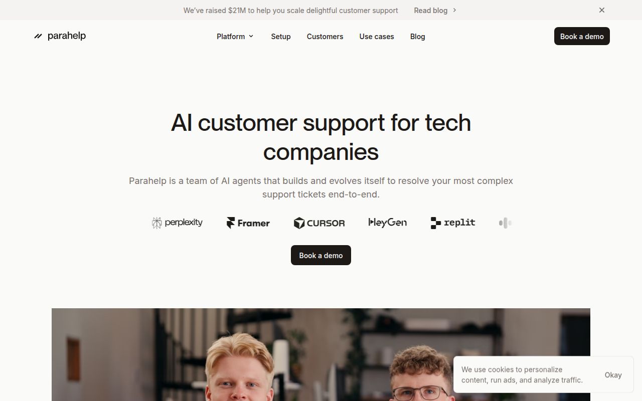 Screenshot of Parahelp (parahelp.com) — AI support agent