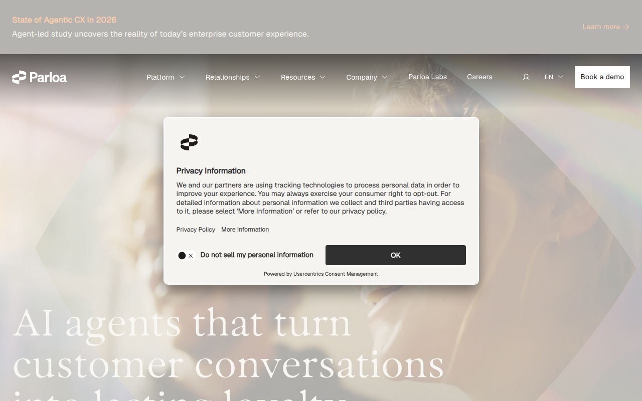Screenshot of Parloa (parloa.com) — Conversation AI for customer service