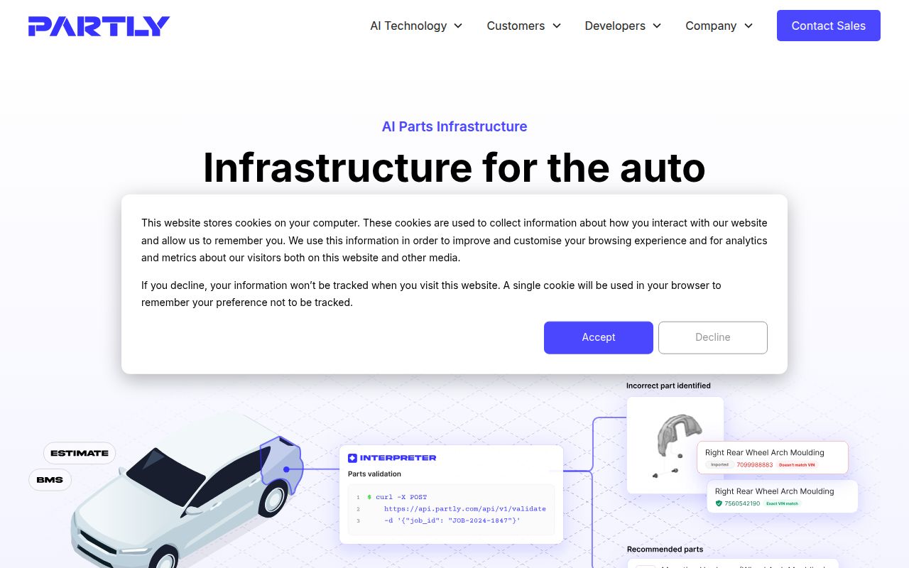 Screenshot of Partly (partly.com) — Infrastructure for the auto parts