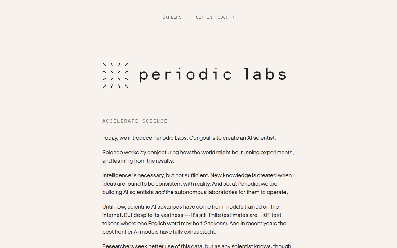 Screenshot of Periodic Labs (periodic.com) — Creating an AI scientist