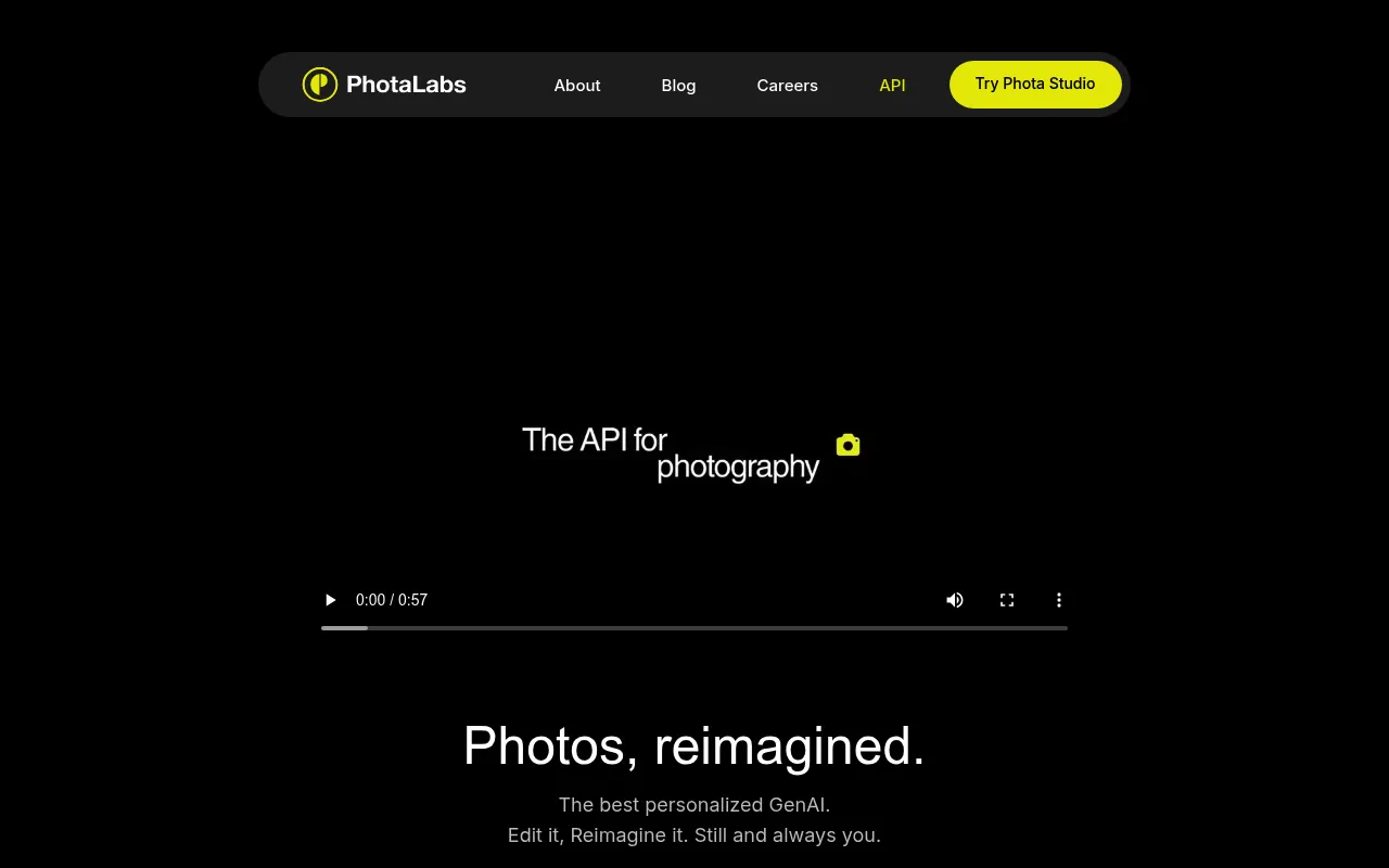 Screenshot of Phota Labs (photalabs.com) — Reimagine photography with personalized GenAI