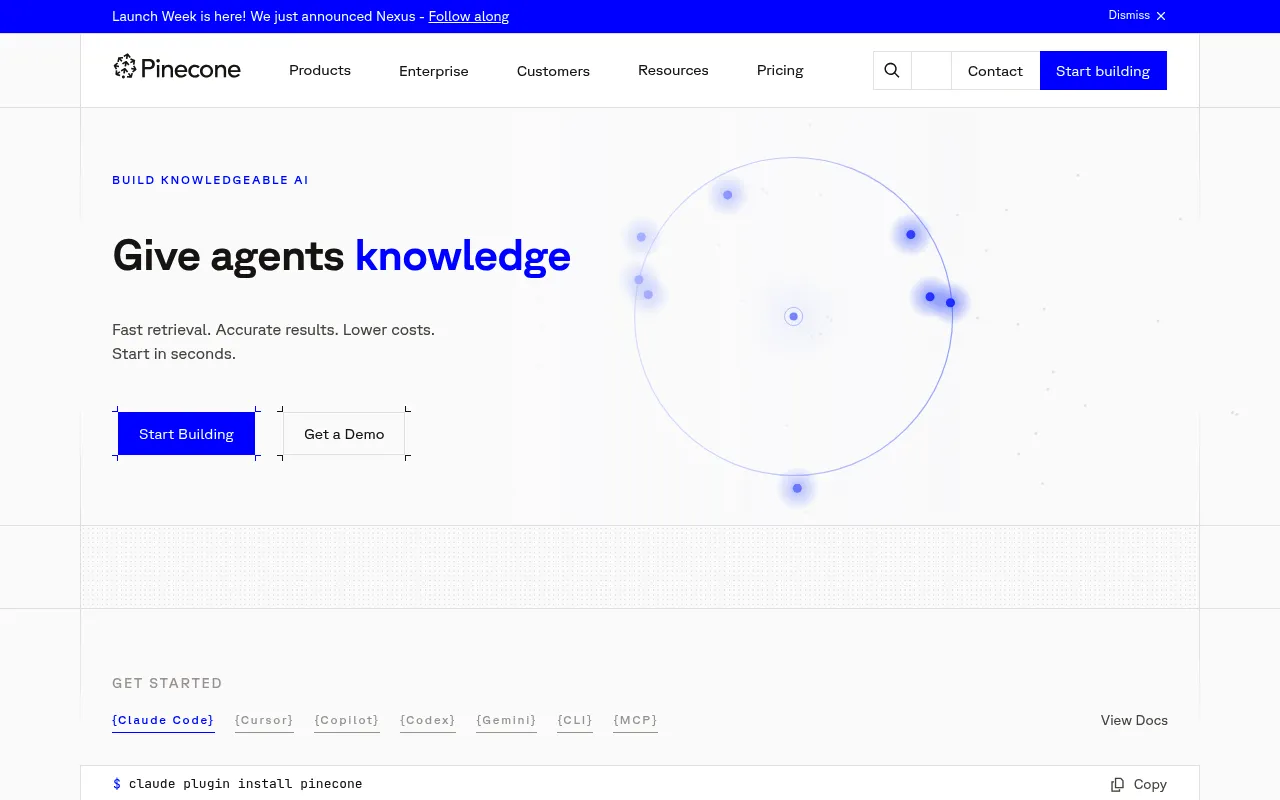 Screenshot of Pinecone (pinecone.io) — Vector database for vector search