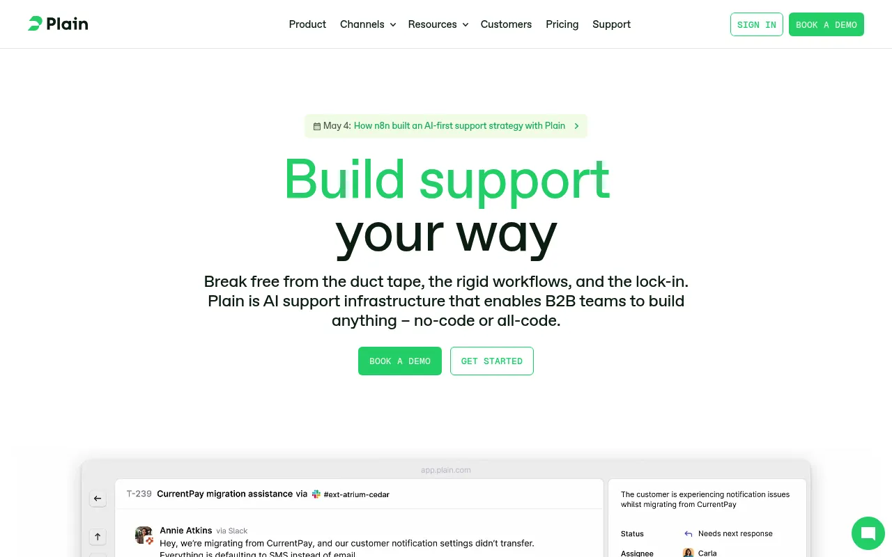 Screenshot of Plain (plain.com) — Collaborative B2B support platform