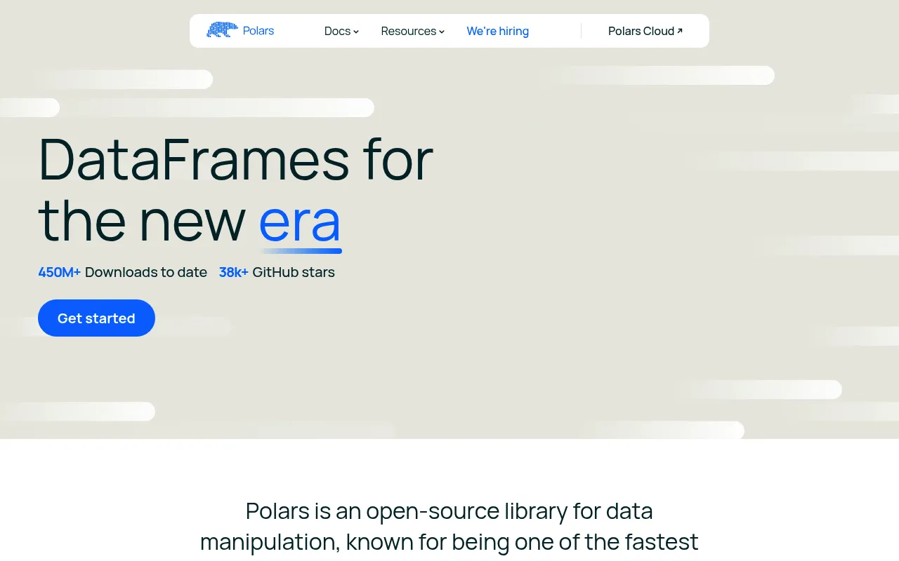 Screenshot of Polars (pola.rs) — DataFrames for the new era
