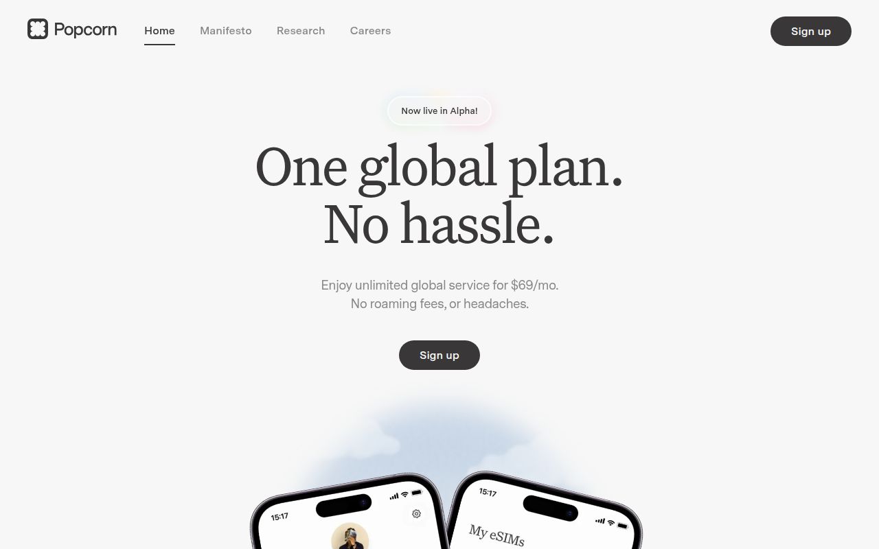Screenshot of Popcorn (popcorn.space) — The next-gen telco