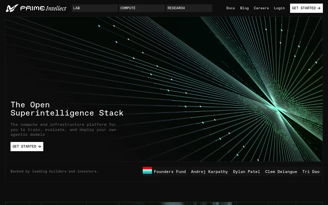 Screenshot of Prime Intellect (primeintellect.ai) — Commoditizing compute and intelligence