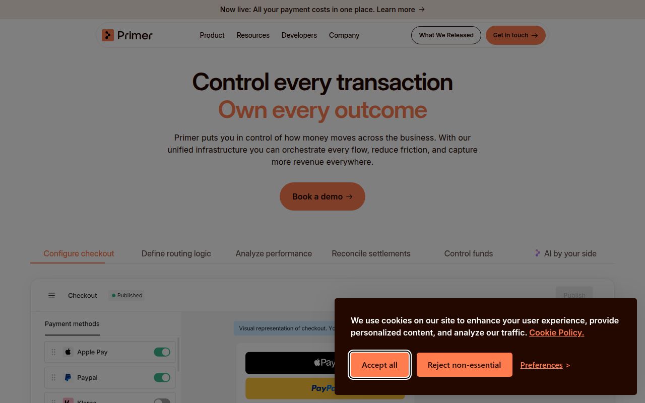 Screenshot of Primer (primer.io) — Unified infrastructure for global payments
