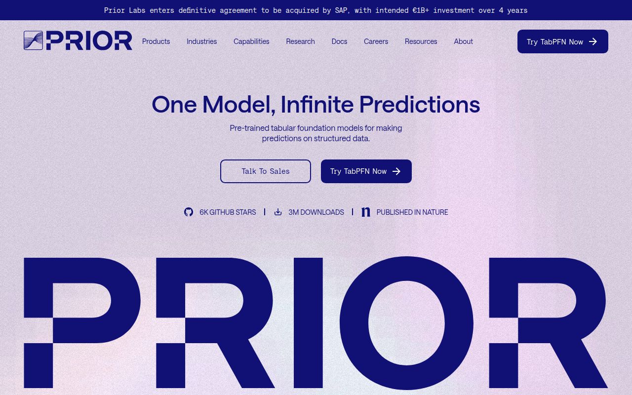 Screenshot of Prior Labs (priorlabs.ai) — Building tabular foundation models