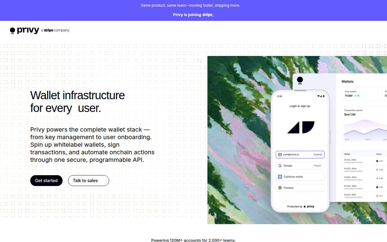 Screenshot of Privy (privy.io) — Wallet infrastructure, built for scale