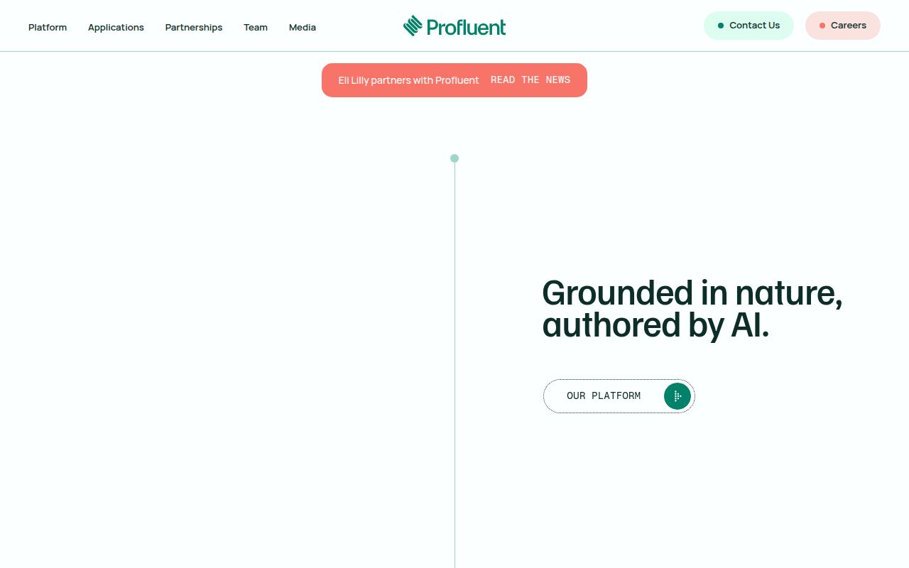 Screenshot of Profluent (profluent.bio) — Grounded in nature, authored by AI
