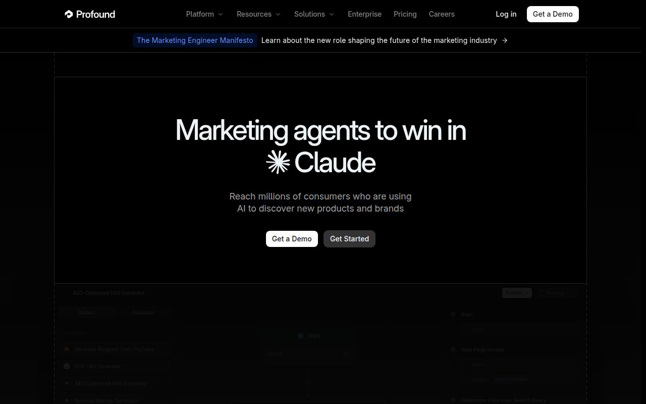 Screenshot of Profound (tryprofound.com) — Be more visible in AI Search
