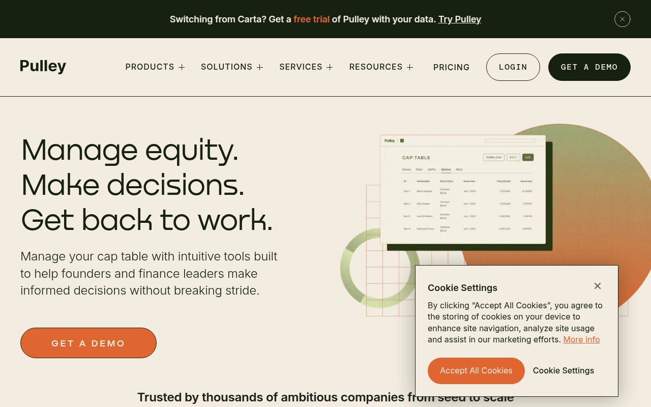 Screenshot of Pulley (pulley.com) — Equity management for high growth startups